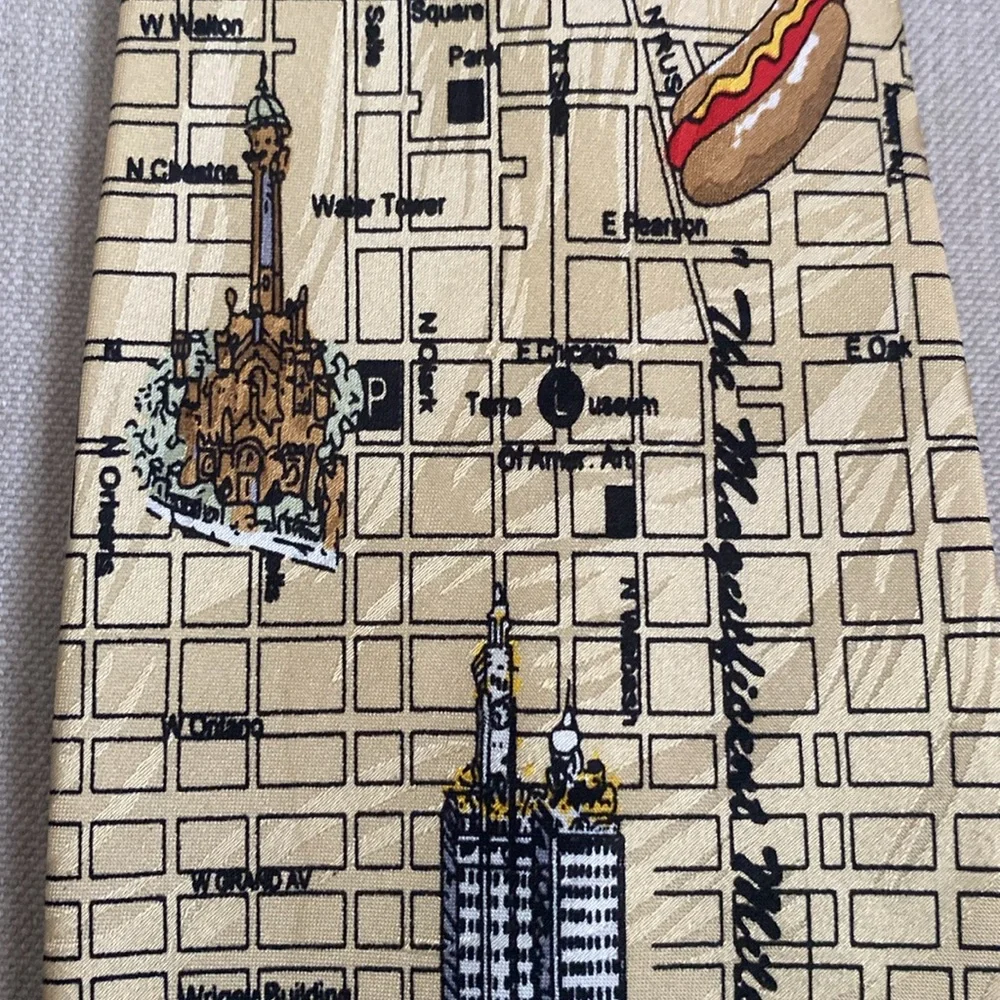 Museum Artifacts Chicago Map Novelty Necktie Silk Landmarks Pizza Hotdog Tie